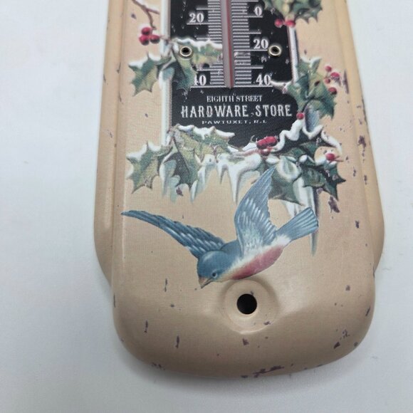 Vintage Rustic Tin Hardware Store Blue Bird Christmas Greetings Thermometer 8" - Picture 4 of 9